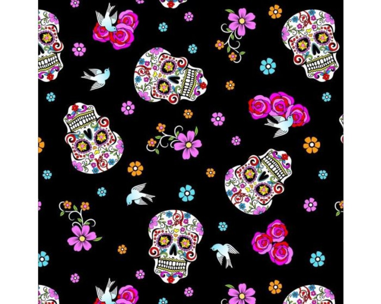 Day of the Dead Black Cotton Fabric, with Glitter | By the Yard | Sewing and Crafting | 44 inches wide